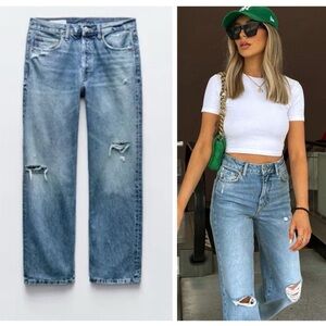 ZARA mid rise distressed relaxed straight fit jeans